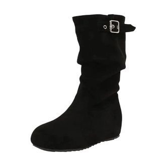 Generic Womens Leisure Mid Calf Boots Round Toe Hidden Wedge Heel Slip On Design With Pleated Detail And Buckle Accent