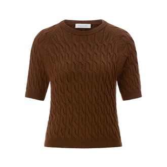 Rich & Royal Crew Neck Short Sleeve Cable Stitch - Dames - Ronde hals truien - Bruin - S - Wol - Truien & Vesten
