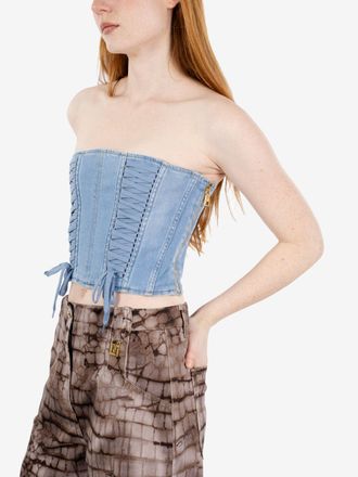 Elisabetta Franchi Top bustier in denim con lacci light blue