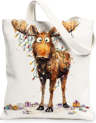 Generic Christmas Moose Canvas Tote Bags, Fun Animal Pattern Reusable Grocery Bags, Winter Fanciful Lightweight Washable Shoulder S, White, 13x15 Inch