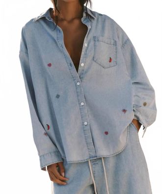 Electric & Rose Embroidery Boyfriend Shirt In Light Denim Blue