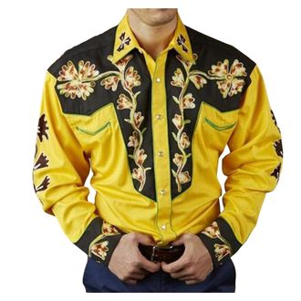 Generic Mens Casual Shirt Printed Long-Sleeved Western Cowboy Shirt Button Down Slim Fit Work Shirt Yellow