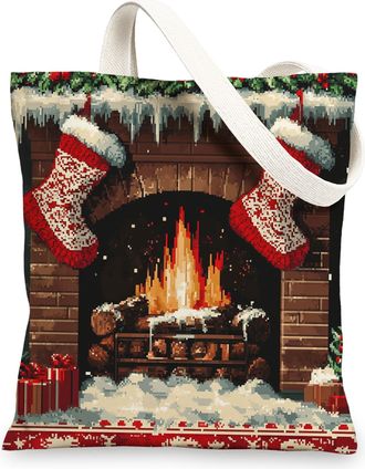 Generic Merry Christmas Fireplace Canvas Tote Bag for Shopping 13x15, Xmas Sock Holly Scenic Reusable Grocery Print Bag for Women, Holiday New Year Beach Aest