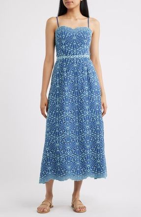 Lilly Pulitzer Arlin Eyelet Embroidered Midi Dress in Starlight Navy X Capri Blue at Nordstrom, Size 12