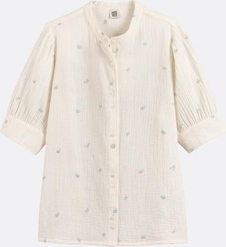 La Redoute Collections Blouse met ronde hals en bloemenborduursel, 3/4 mouwen