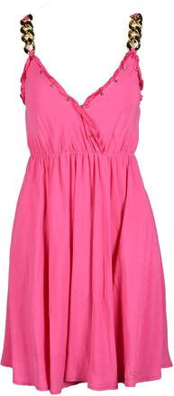 Gil Santucci Fuchsia Short Dress With Ruffled V-Neckline And Braided Straps