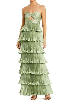Mac Duggal Pleated Charmeuse Strapless Tiered Ruffle Gown in Sage at Nordstrom, Size 10