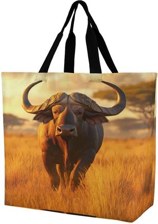 Generic African Buffalo Sunset Tote Bag Reusable Grocery Shopping Bags Large Travel One Shoulder Handbag for Picnic Work