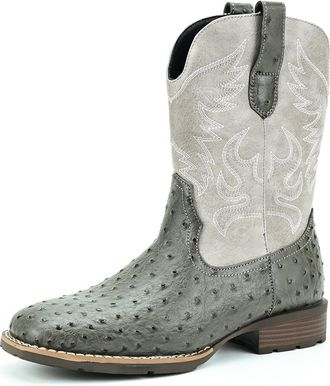 Generic Cowboy Boots for Men Square Toe Western Boot Durable Retro Classic Crocodile Print Pull on Shoes Slip Resistant,Gray and White,10.5 UK