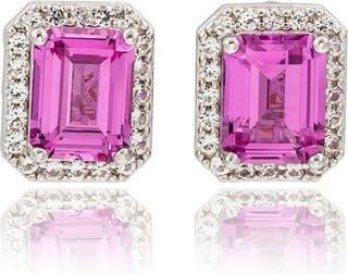Suzy Levian Baguette Cut Sapphire Pavé Diamond Halo Stud Earrings in Pink at Nordstrom Rack