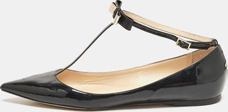 Jimmy Choo London Black Patent Leather Bow Ankle Strap Ballet Flats