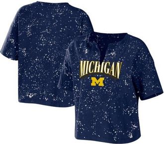 WEAR by Erin Andrews Womens WEAR by Erin Andrews Navy Michigan Wolverines Bleach Wash Splatter Cropped Notch Neck T-Shirt at Nordstrom, Size Xx-Large
