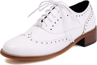 Generic Womens Classic PU Leather Oxfords Lace Up Business Formal Shoes Low Block Heel Wingtip Brogue Dress Shoes,White,8.5 UK