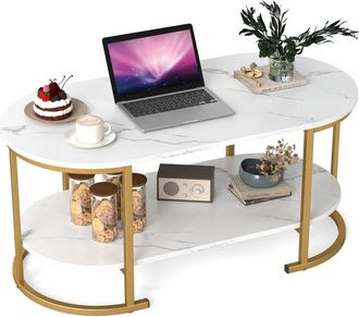 Costway Oval Coffee Table 2-Tier Living Room Center Table with Storage-White
