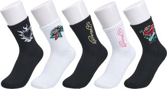 Ed Hardy Flower Print Half Cushion Mid Crew Sock 5-Pack in Black White at Nordstrom