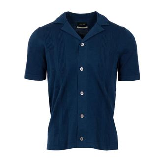 AT.P. CO Ribbed Front Short Sleeve Shirt - Heren - Korte mouwen Overhemden - Blauw - L - Katoen - Overhemden