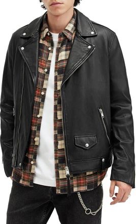 AllSaints Milo Asymmetric Zip Leather Biker Jacket in Black at Nordstrom, Size Xx-Large