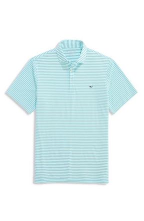 Vineyard Vines Sankaty Stripe Performance Piqu&eacute; Polo in White/Mint/Blue at Nordstrom, Size X-Large