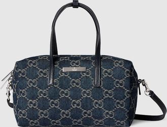 Gucci Small Boston Bag With Gucci Plaque, Blue, Fabric