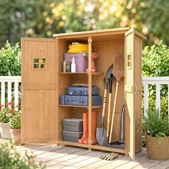 OUTSUNNY Wooden Garden Shed Tool Storage Cabinet Double Door Shelf in Natural