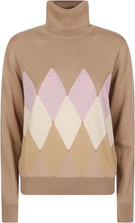 Ballantyne Klassieke Diamant Trui met Rolkraag - Dames - Coltruien - Beige - L - Truien & Vesten
