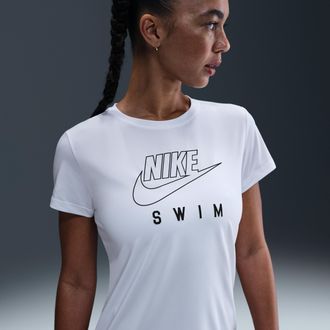 Nike Womens Swim Swoosh Hydroguard Short-Sleeve Top in White | NESSF326-100
