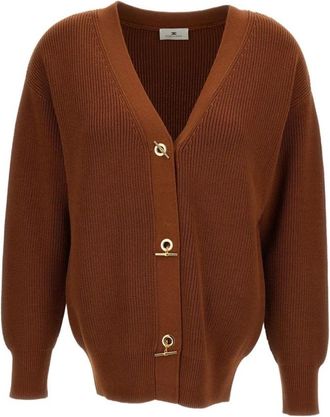 Elisabetta Franchi Mk 01S66E2 Ribgebreide Cardigan - Dames - Vesten - Bruin - S - Polyester - Truien & Vesten