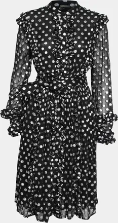 Dodo Bar Or Black & Silver Polka Dotted Chiffon Ruffle Trimmed Belted Dress