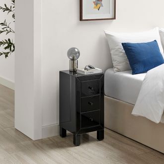 Furniturebox Lexi Small Slimline 3 Drawer Wooden Bedside Table With A Modern Mirrored Finish in Black