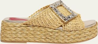 Roger Vivier Strass-Buckle Raffia Platform Sandals