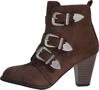 Generic Womens Winter Boots Suede Ankle Boots Short Tube Work Boot with Belt Buckle Chunky High Block Heel Round Toe Slip On Warm Ladies Winter Shoes Non Slip