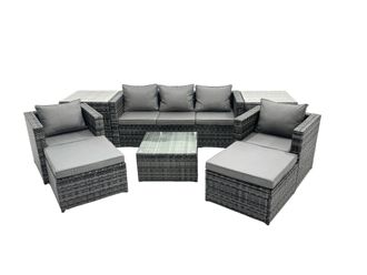 Fimous 7 Seater Patio Lounge Sofa Set with 2 Side Tables 2 Big Footstool in Dark Grey