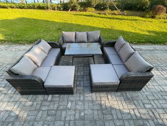 Fimous Rattan Garden Furniture Dining Set 11 seater Patio Rectangular Table 2 Big Footstool