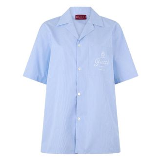 Gucci Short Sleeve Shirts, male, Blue, Size: L Printed Cotton Poplin Bowling Shirt