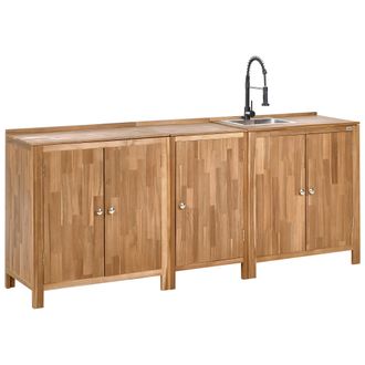 Beliani Conjunto De 3 Armarios De Cocina Exterior De Madera De Acacia Con Fregadero Y Grifo Estantes Encimera De Madera Maciza Acero Inoxidable Marr&oacute;n Y Negro