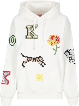 Kenzo Katoenen Hoodie met Pixel Borduursels - Dames - Hoodies - Beige - S - Katoen - Hoodies & sweatvesten