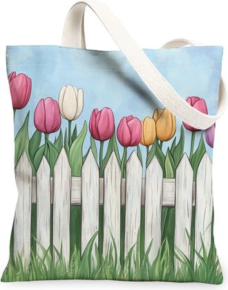 Generic Spring Tulip Fence Flower Canvas Tote Bag for Shopping 13x15, Farmhouse Cute Floral Reusable Grocery Print Pattern Bag for Women Men, Fun Country Aest
