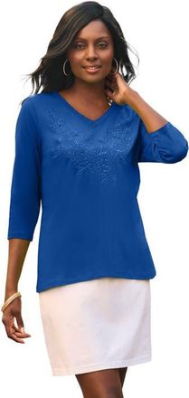 Jessica London Stretch Cotton Embroidered Tee in Sapphire Floral Embroidery at Nordstrom, Size Large