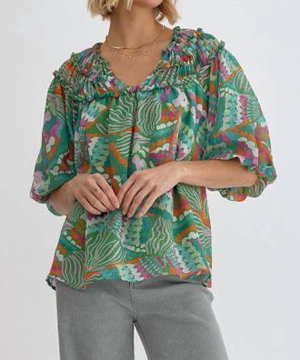 Entro Muticolor Print Half Sleeve Blouse Top In Lush Gardens Green