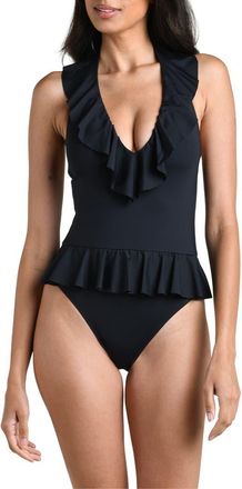 La Blanca Island Goddess Halter One-Piece Swimsuit in Black at Nordstrom, Size 14