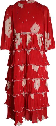 Ganni Ganni Tiered Midi Dress in Red Floral Print Recycled Polyester
