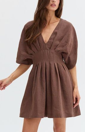 Crescent Pleated Linen Mini Dress in Brown at Nordstrom, Size Medium