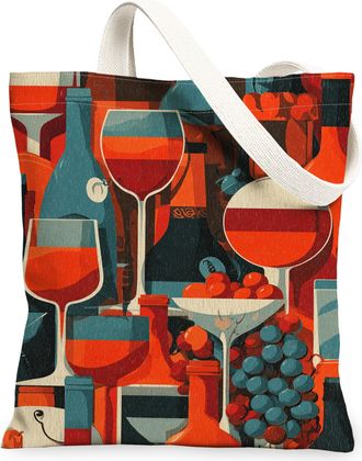 Generic Vintage Artistic Canvas Tote Bags, Colorful Beverages Design Reusable Grocery Bags, Lightweight Washable Shoulder Strap Can, Red, 13x15 Inch