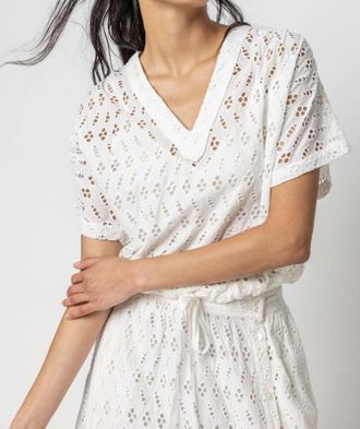 Lilla P Eyelet Drawstring Dolman V-Neck Top In White