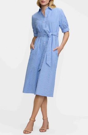 Foxcroft Esther Belted Stripe Cotton Shirtdress in Blue/Multi at Nordstrom, Size X-Large