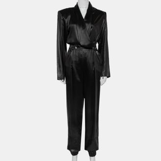Alberta Ferretti Di Lorenzo Serafini Black Sateen V-Neck Buttoned Jumpsuit