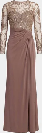 Mac Duggal Beaded Embroidered Mesh & Jersey Gown
