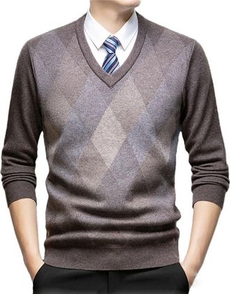 Generic Men Wool Knit Jumpers Pullover Tops Thick V-Neck Long Sleeve Argyle Vintage Casual Sweater C XXXL