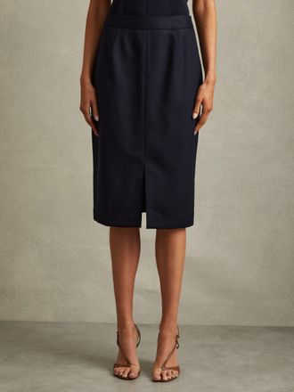 Reiss Navy Petite Textured Pencil Midi Suit Skirt, 14