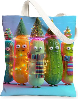 Generic Fanciful Vegetable Canvas Tote Bags, Playful Cartoon Design Lightweight Reusable Grocery Bags, Festive Holiday Style Washab, Blue, 13x15 Inch